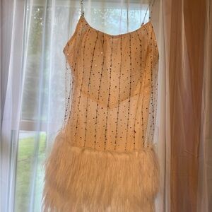 Elegant Beaded Dress with Feather Trim
